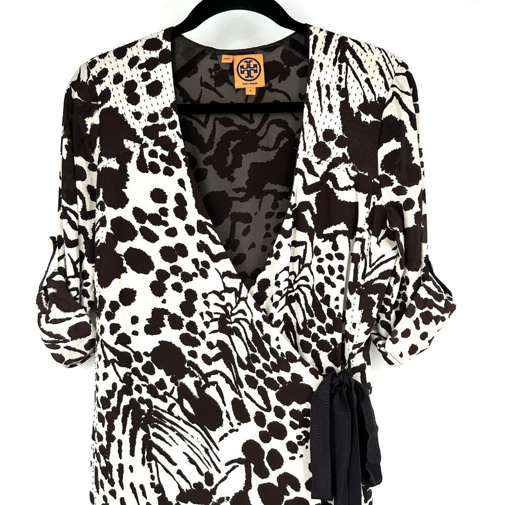 Tory‎ Burch Animal Print Silk Wrap Dress Brown/White Size 2 - Picture 3 of 11